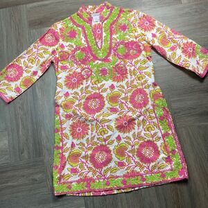 Gretchen Scott Designs Floral Soutache Tunic Dress Womens Small Pink Lime Boho
